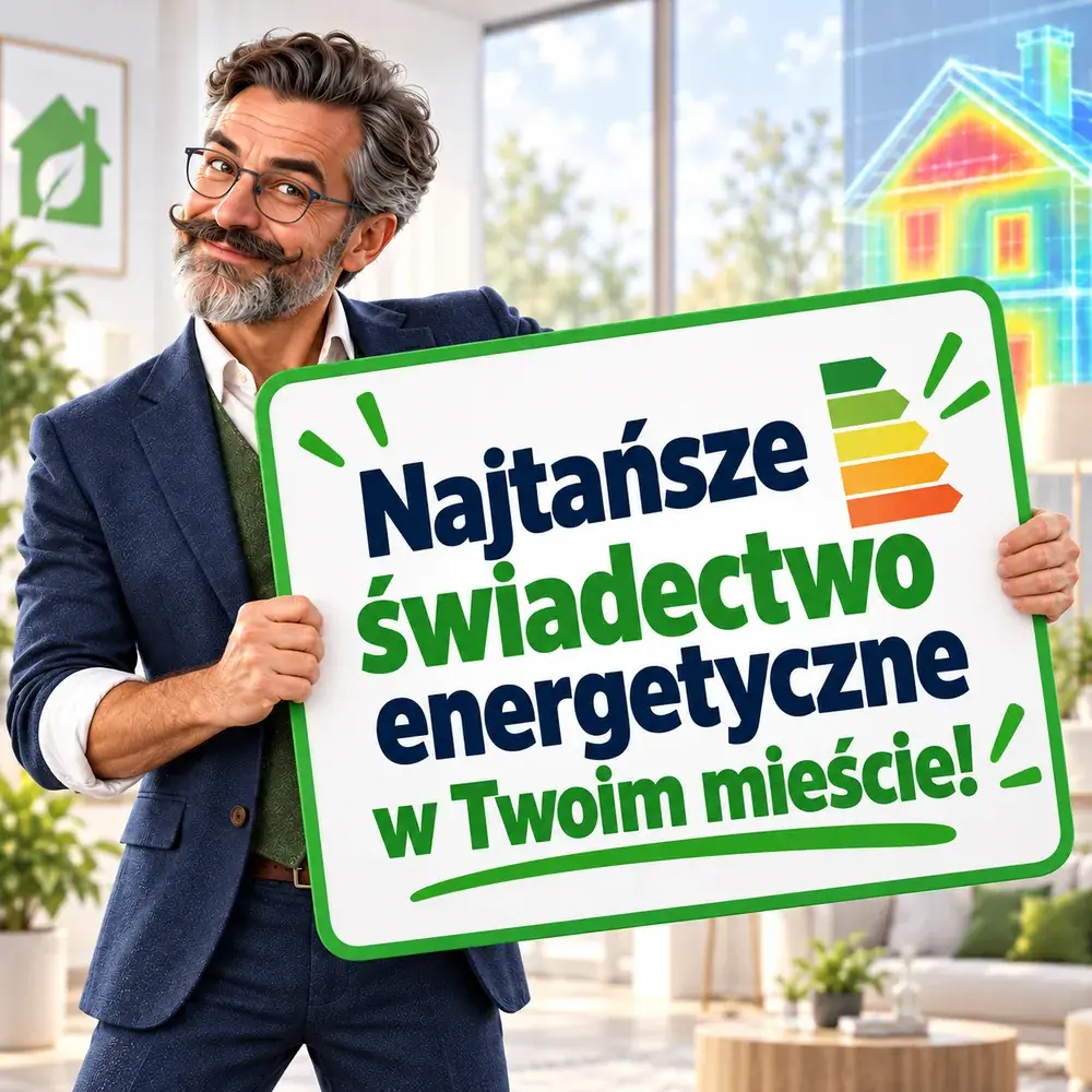 Doradca OtoSwiadectwo.pl z tablicą: najtańsze świadectwo energetyczne w Twoim mieście