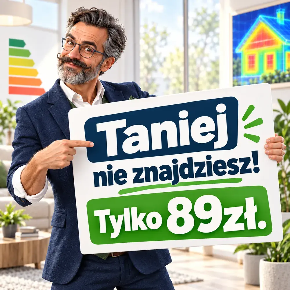 Doradca OtoSwiadectwo.pl z tablicą: taniej nie znajdziesz, tylko 89 zł